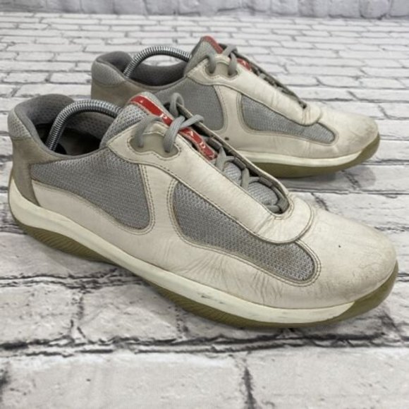 PRADA AMERICAS CUP SNEAKERS SHOES PS0906 WHITE LEATHER/ SILVER - SIZE 9 - Picture 1 of 12